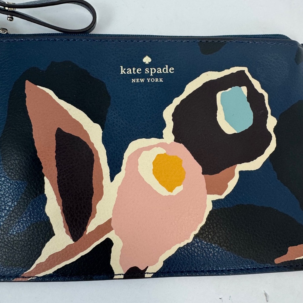 Kate Spade New York Navy Blue Floral Leather Wristlet Pouch Zip Clutch Bag - Picture 3 of 11